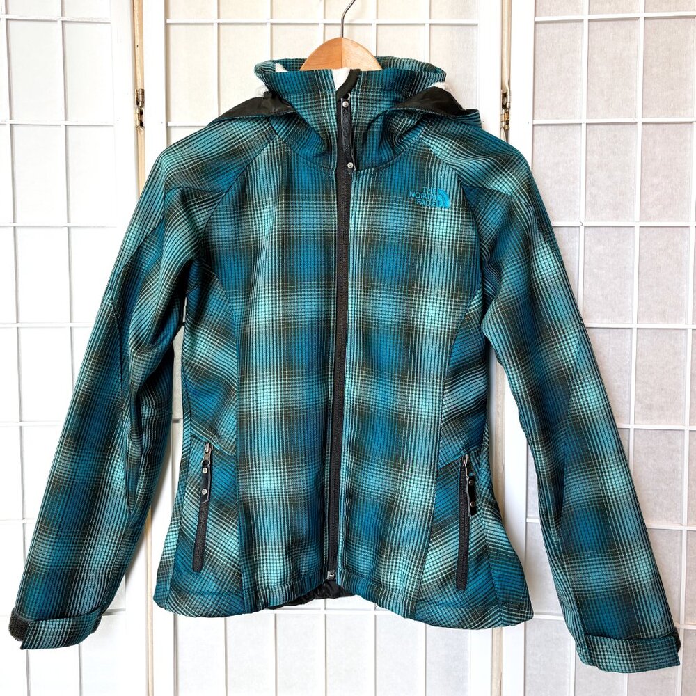 Teal Plaid Softshell Northface Shell Jacket With … - image 1